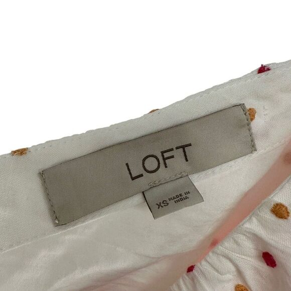 LOFT Puff Sleeve Dot Embroidered Tiered Swing Dress Size XS White Pink Boho Prep - Picture 7 of 8